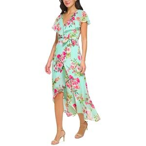 Jessica Howard Women's Mint Floral-Print Faux-Wrap Chiffon Dress - 14P